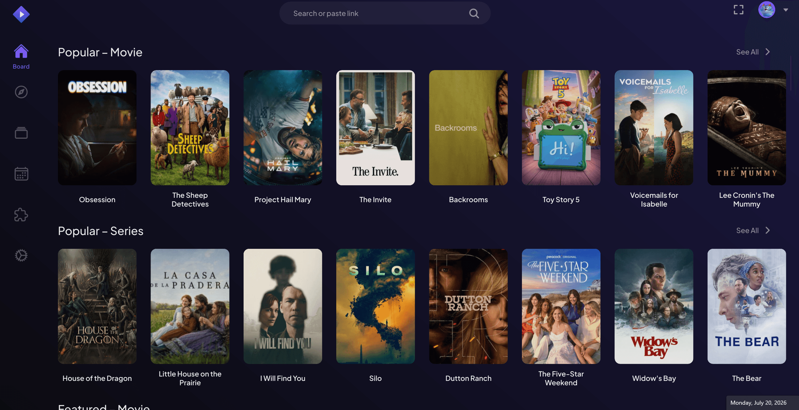 Stremio Native desktop app showing the Board view with popular movie and series catalogs in a dark native interface